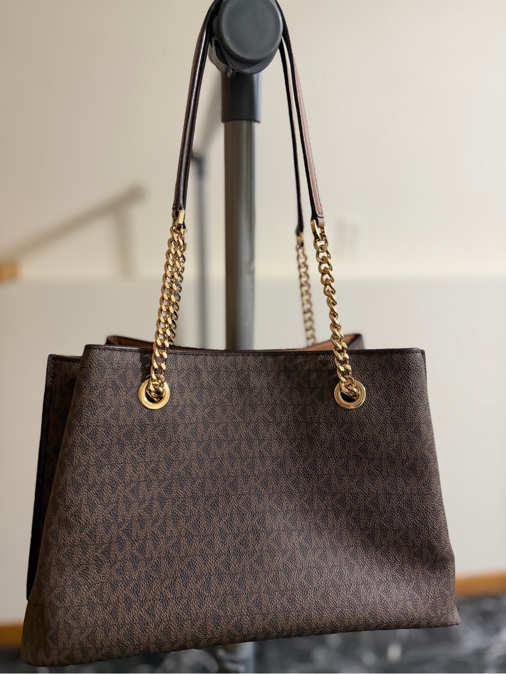 Michael Kors Dark Brown Signature Tote with Gold Chain Handles - Picture 2 of 8